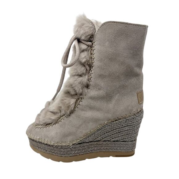 Vidorreta Taupe Suede & Faux Fur Espadrille Boots Size EU 39 Lace Up Wedge Heel - Picture 3 of 9